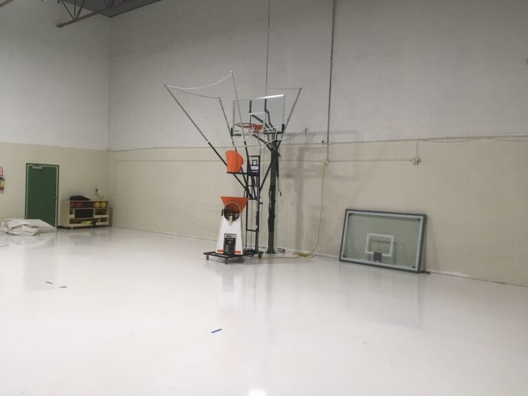 The first temporary basketball hoop inside The Factory during construction in 2018