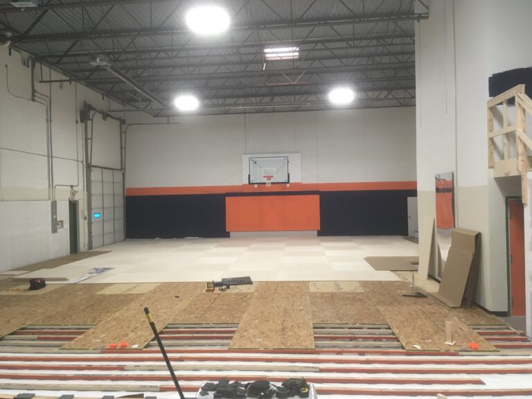 Basketball court floor under construction at The Factory in 2018