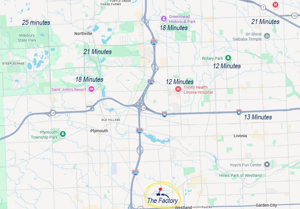 Map showing the location of The Factory Training Centers near Northville Michigan