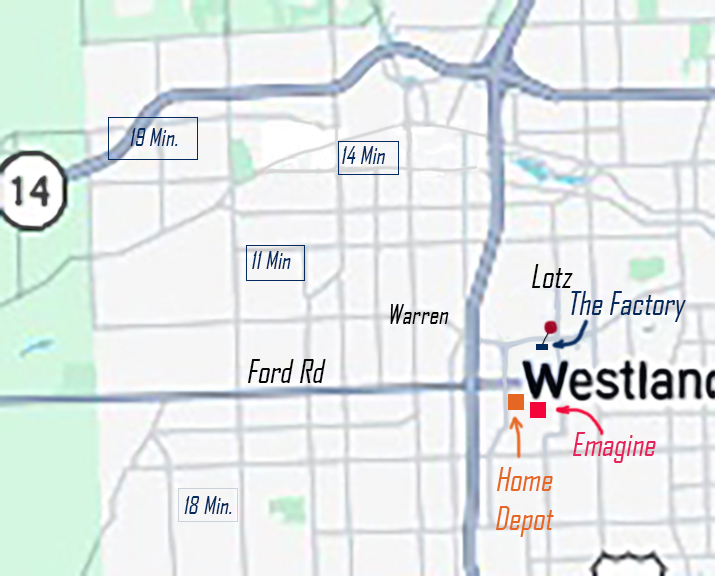 Map showing drive times from Plymouth Michigan to The Factory Training Centers in Westland