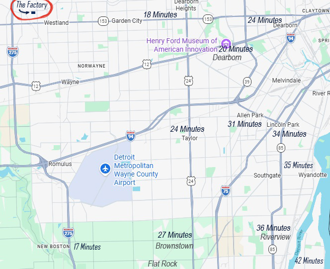 Map showing drive times from Dearborn Michigan to The Factory Training Centers in Westland