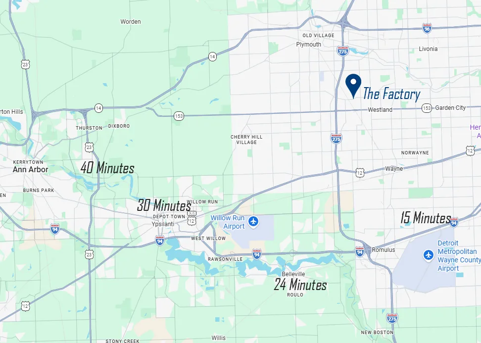 Map showing approximate drive times from Romulus High School, Belleville High School, Ypsilanti Community High School and Ann Arbor Huron High School to The Factory Training Centers in Westland, Michigan