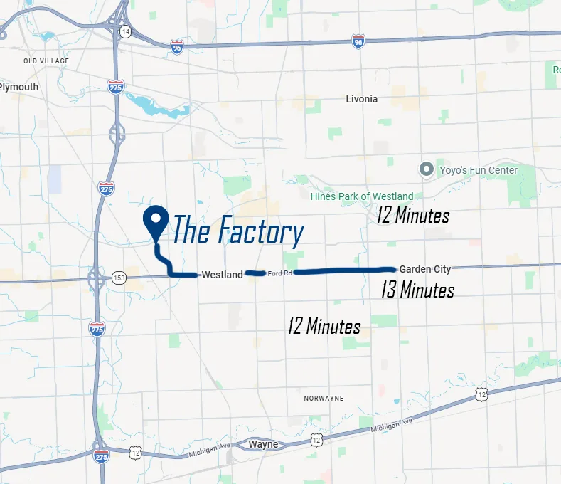 Map showing approximate drive times of 10 to 13 minutes from different areas of Garden City, Michigan, to The Factory Training Centers in Westland