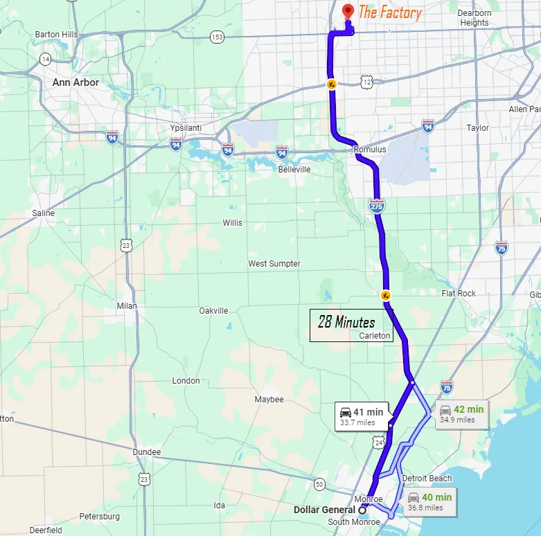 Regional map showing the route from Monroe County toward The Factory Training Centers in Westland, Michigan