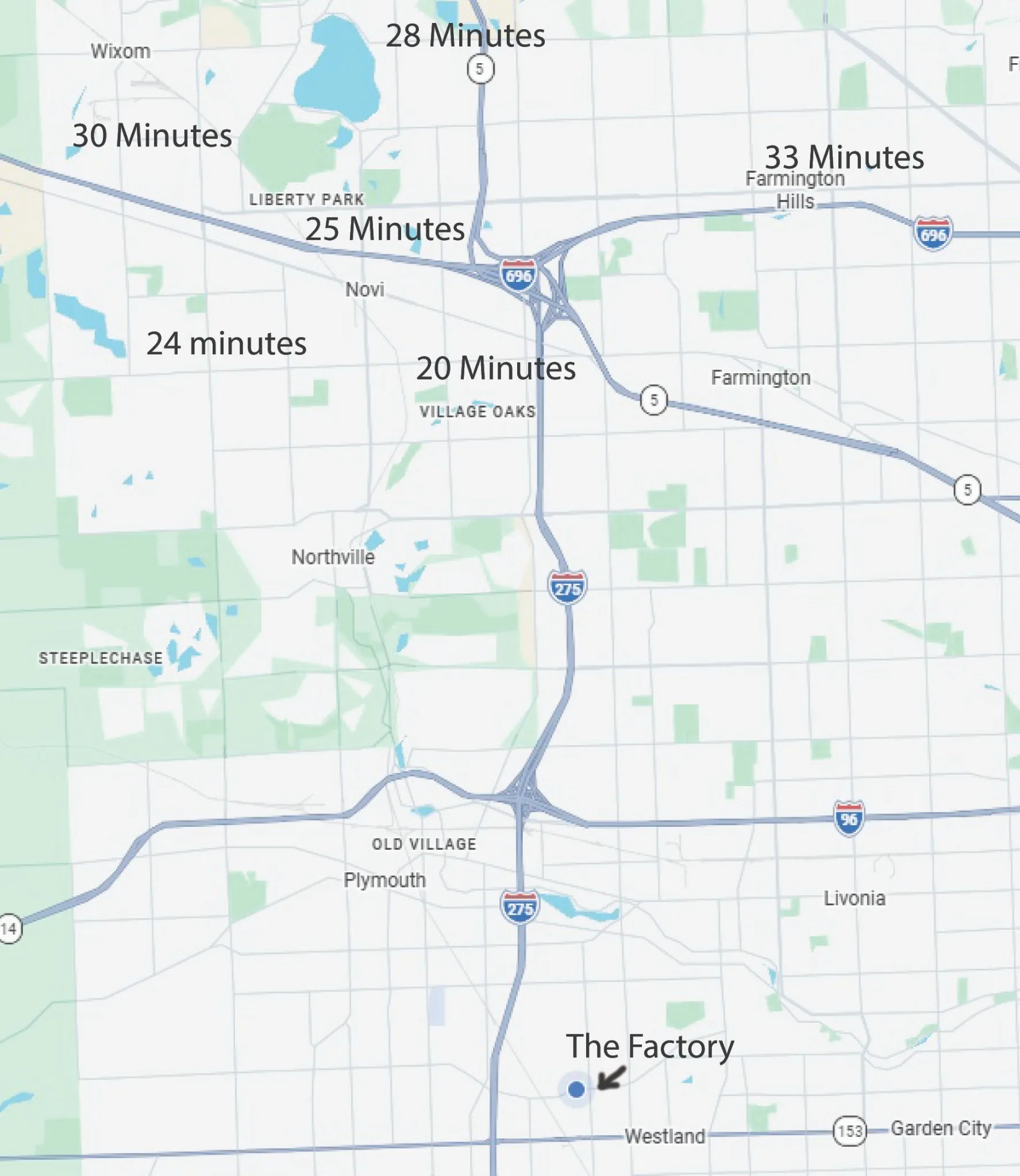 Map showing drive times from Wixom and nearby Oakland County communities to The Factory Training Centers in Westland Michigan